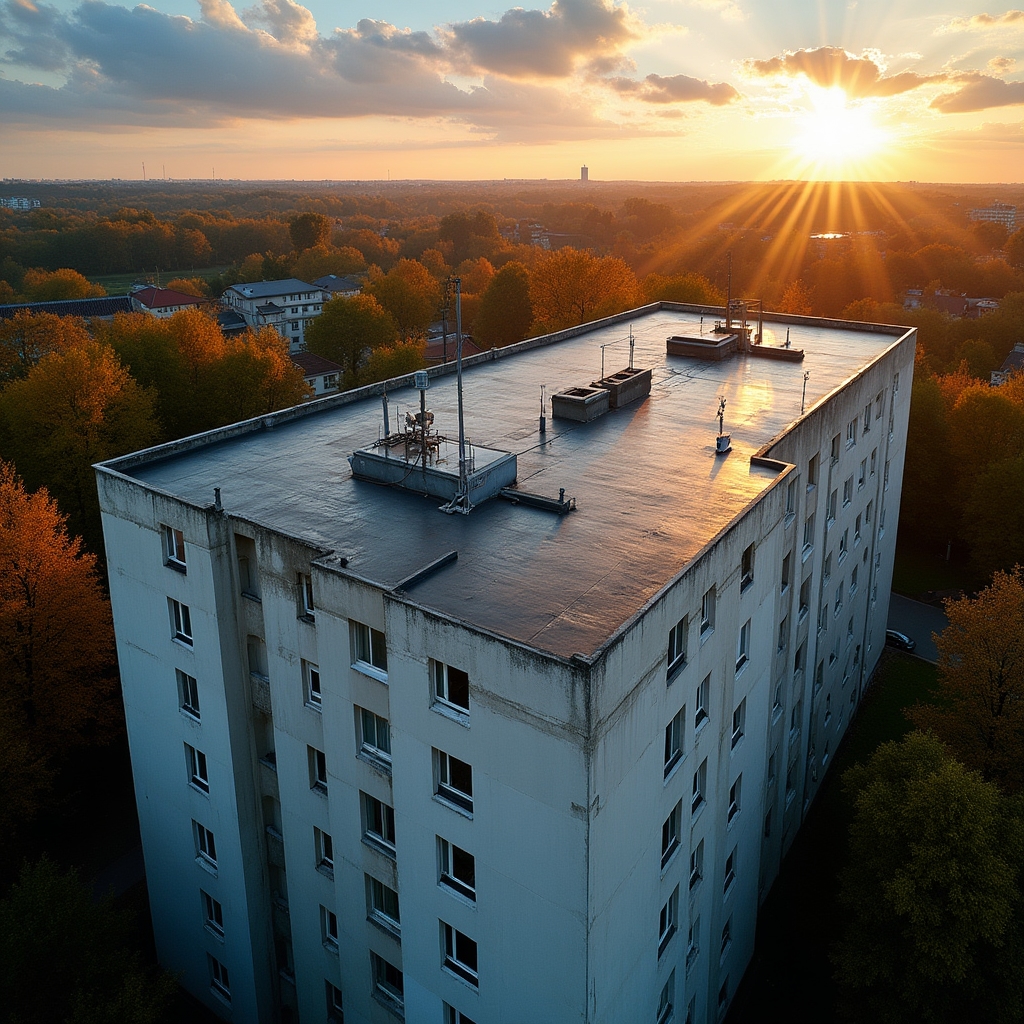 Pohled na plochou střechu bytového domu s hydroizolační vrstvou